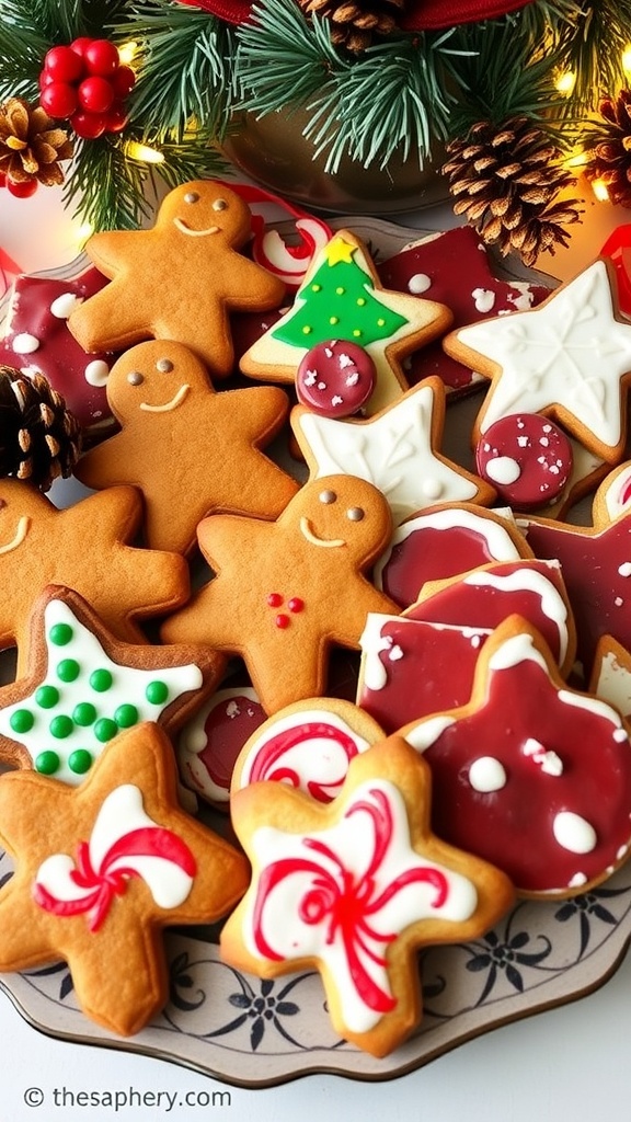 A colorful assortment of Christmas cookies including gingerbread, sugar cookies, and peppermint bark on a festive platter.